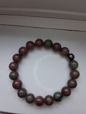 Handcrafted Green & Burgundy Beaded Stone Stretch Bracelet - Best For MED/LARGE